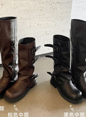 真皮~内增高黑色中长筒裤管靴女秋西部牛仔骑士靴厚底褶皱堆堆靴