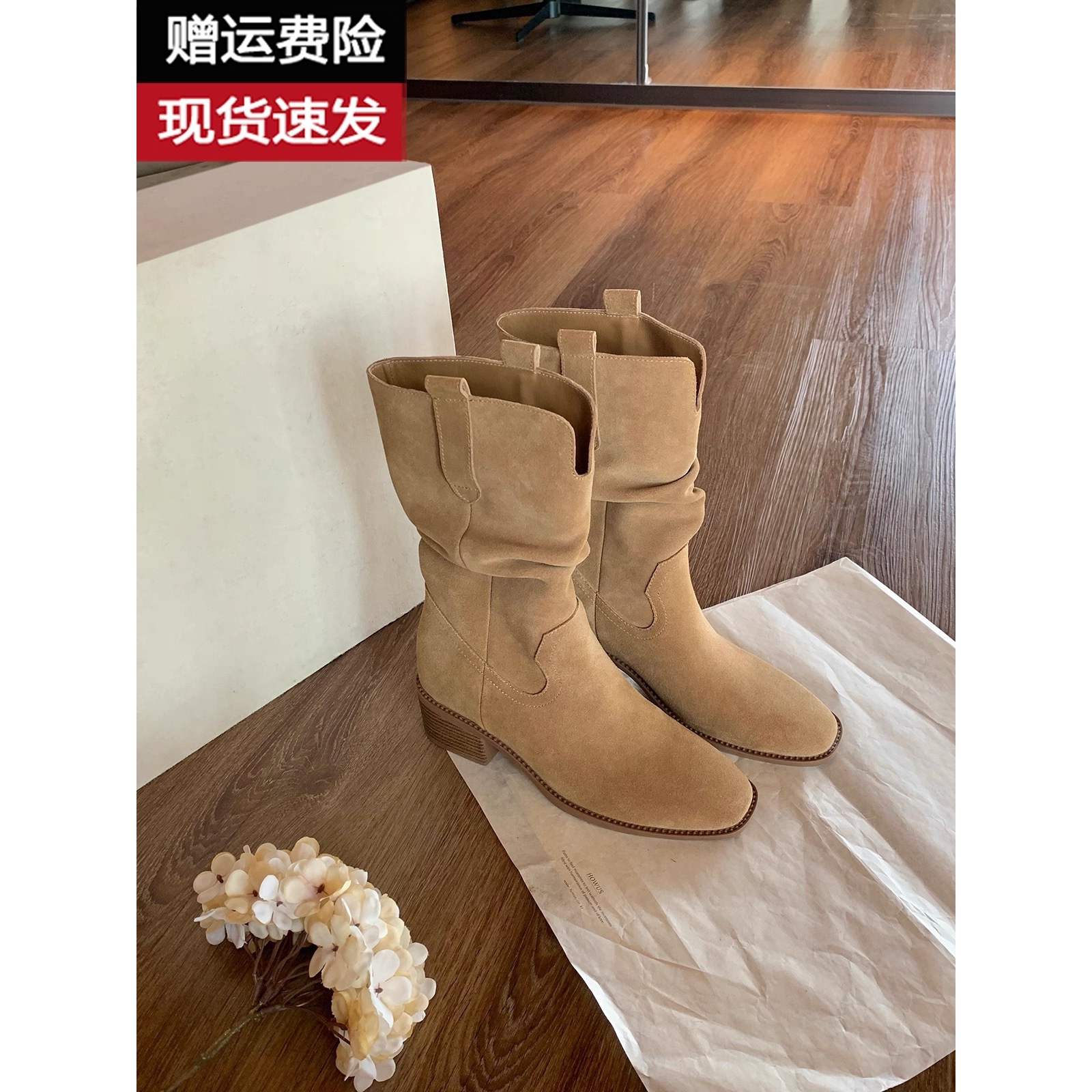 牛皮款~真皮小个子内增高8cm马丁靴女粗跟显瘦西部中筒短靴堆堆靴