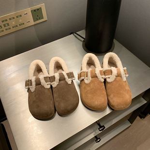 羊羔毛复古加绒保暖磨砂百搭大头鞋毛毛鞋平底休闲棉鞋勃肯鞋女冬