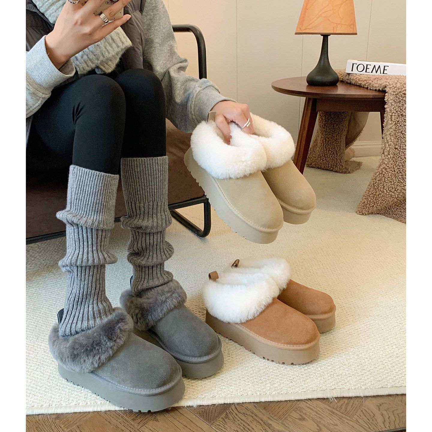 内增高厚底百搭舒适毛毛雪地靴女2025冬季加绒保暖一脚蹬包头棉鞋,女鞋,时尚雪地靴,淘宝优惠券,粉丝福利购,淘宝优惠卷