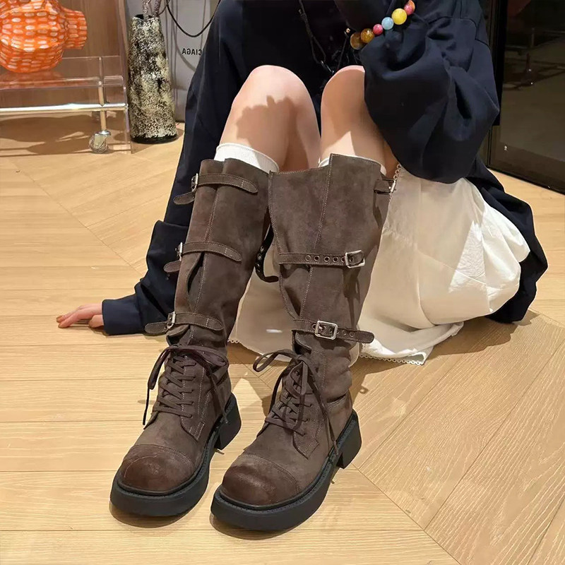 2025时尚磨砂复古长筒靴女秋季新皮带骑士靴过膝两穿靴子长靴潮女