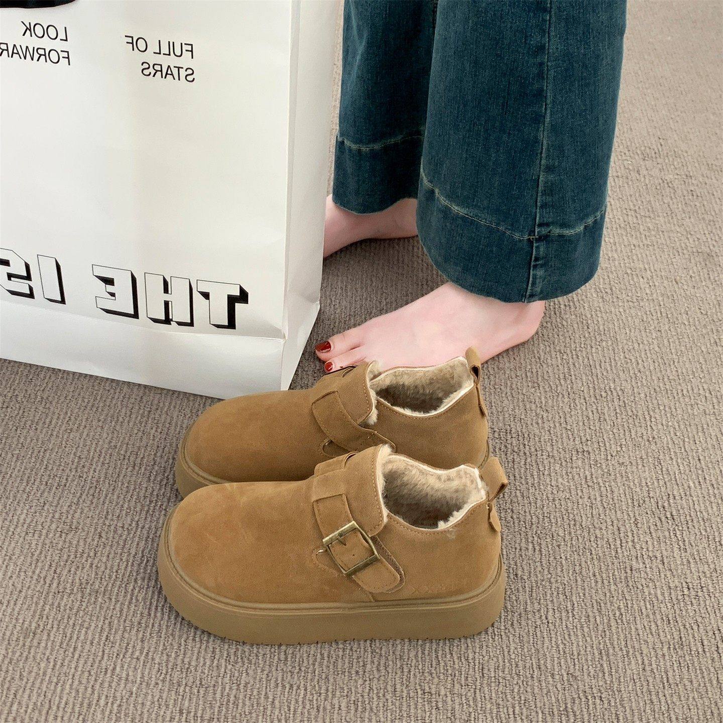 厚底加绒勃肯鞋保暖雪地靴女2025新款冬季一脚蹬乐福鞋加厚棉鞋子,女鞋,时尚雪地靴,淘宝优惠券,粉丝福利购,淘宝优惠卷