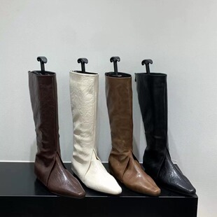 内增高棕色裤管靴长靴女鞋2024新款春秋冬季尖头瘦瘦长筒骑士靴子