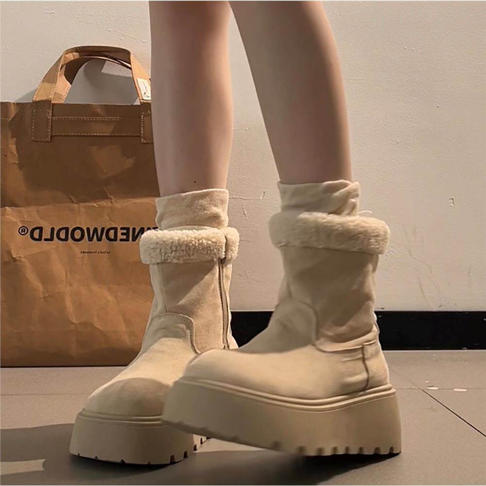 白色复古加绒加厚厚底雪地靴女2025新款冬季外穿增高保暖勃肯棉鞋