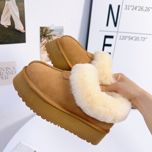 Tazz塔茨厚底雪地靴冬季一脚蹬毛毛女鞋外穿保暖加绒加厚棉鞋防寒