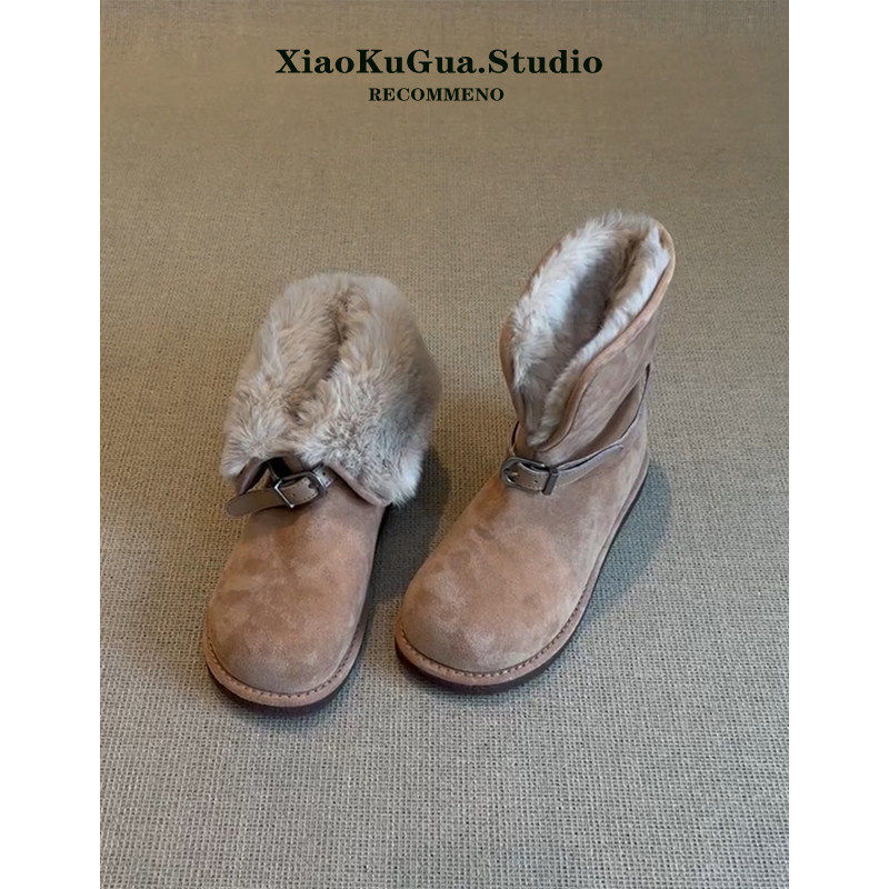 复古翻边雪地靴女2025新款冬季百搭加绒保暖棉鞋皮带扣毛毛短靴子,女鞋,时尚雪地靴,淘宝优惠券,粉丝福利购,淘宝优惠卷