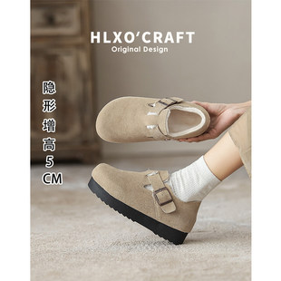 内增高~厚底6cm真皮勃肯鞋女加绒2024新款冬季保暖棉鞋全包博肯鞋