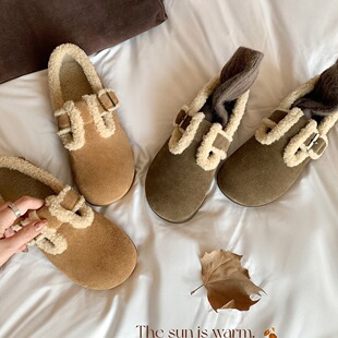 全牛皮苏茵茵行走小棉袄加绒扣带保暖羊羔毛毛勃肯鞋女真皮乐福鞋