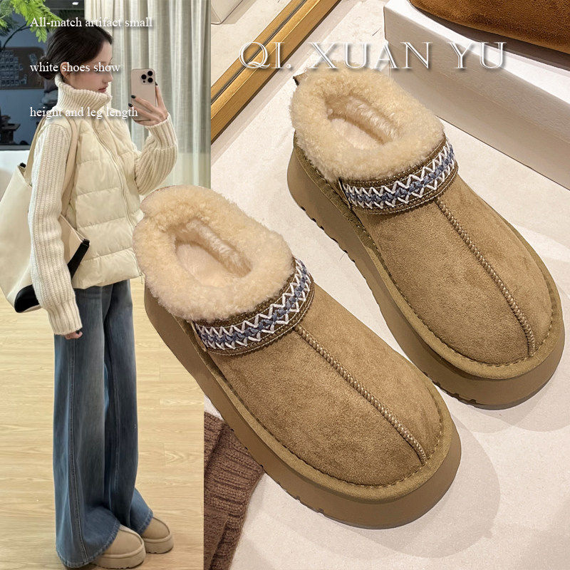 厚底毛毛雪地靴女冬季2025新款民族风一脚蹬加绒保暖增高懒人棉鞋,女鞋,时尚雪地靴,淘宝优惠券,粉丝福利购,淘宝优惠卷