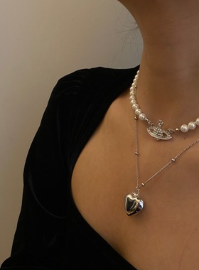 OAAS 小众设计博主同款土星xi太后珍珠个性好搭配星球爱心项链ins