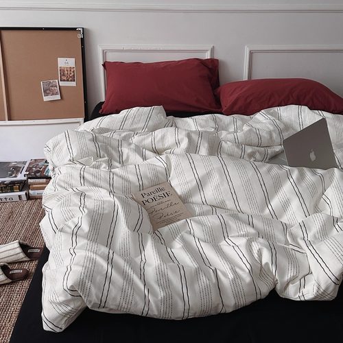 纽约浅梦极简条纹床单纯棉四件套全棉被套床单1.8m床笠被罩三件套