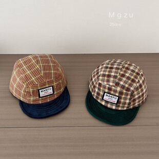 儿童帽子秋冬季新款鸭舌帽拼色复古格子软帽檐男童女童遮阳棒球帽
