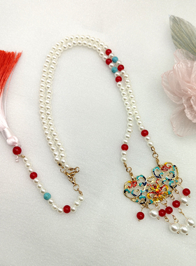 马面裙配饰汉服璎珞长款明制平安如意锁项链压襟烧蓝流苏软璎珞新