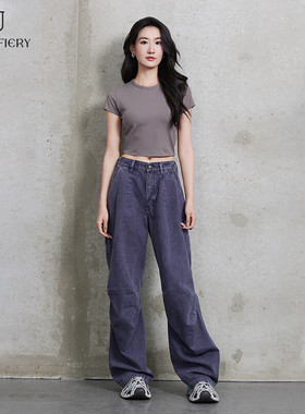 2025新品原创设计师户外百搭宽松阔腿立体打褶工裤紫灰色牛仔裤