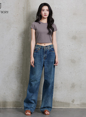 2025新品原创设计师四季进口面料AE线水洗蓝高腰直筒牛仔裤