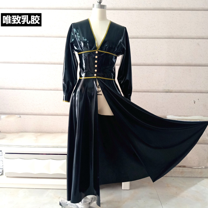 纯天然乳胶衣连衣裙风衣大衣性感低胸前开叉长袖黑色飘逸大摆定制