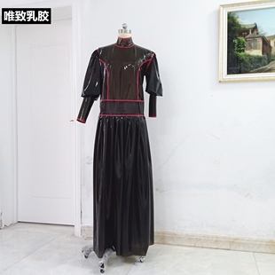 Latex 透明黑色手工订做 纯天然乳胶衣女长裙超长大摆连衣裙泡泡袖