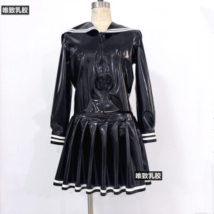 纯天然乳胶衣女士连衣裙百褶短裙子水手服海军领黑两件套定做定制