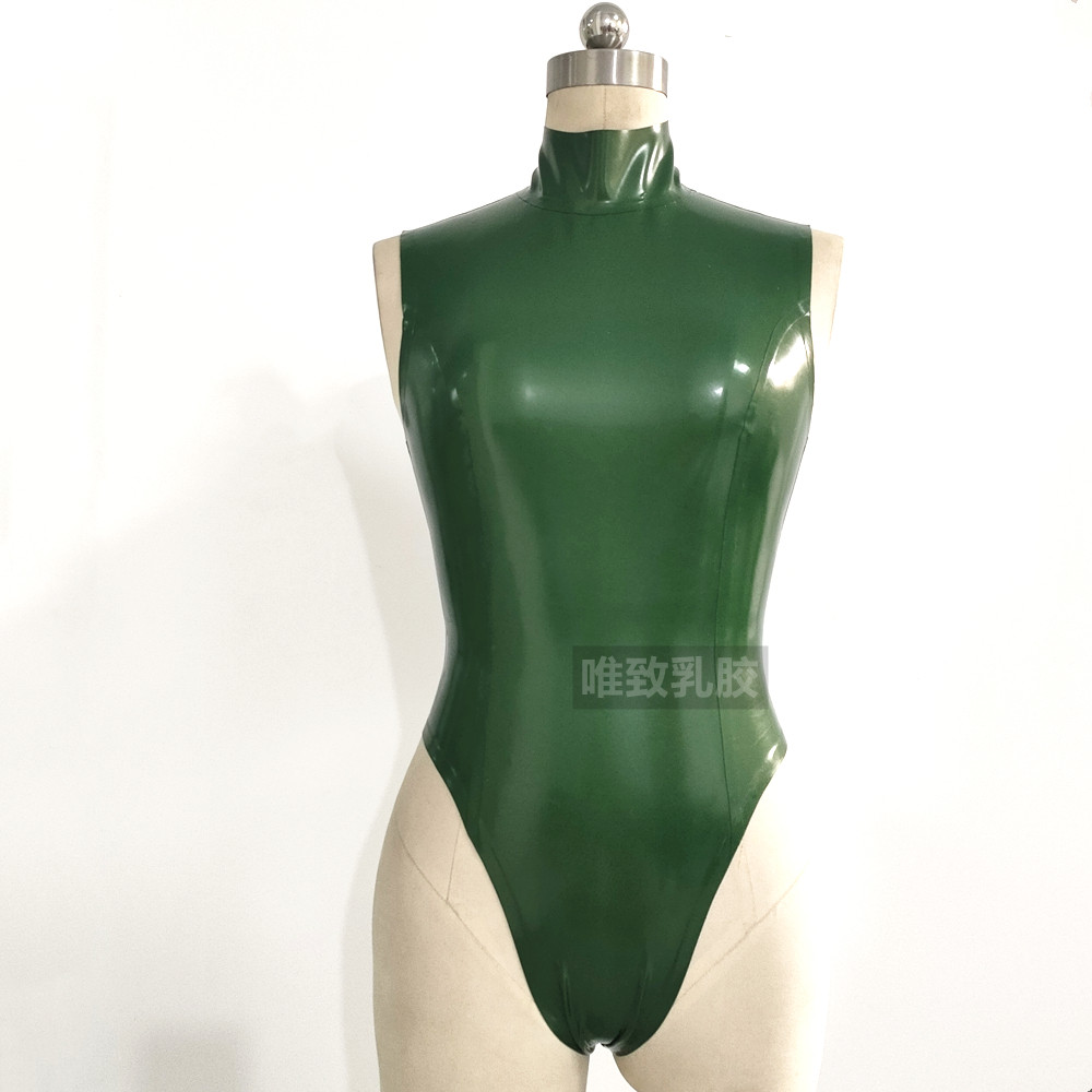 Latex 纯天然乳胶衣女式连体游泳衣泳装紧身性感无袖珠光绿色定制
