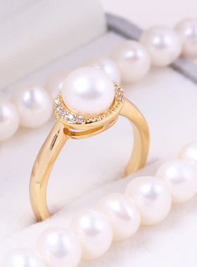 铜镀18K金天然淡水锆石珍珠戒指