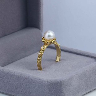 DIY珍珠配件新款铜镀金镶锆复古皇冠戒指空托时尚百搭气质