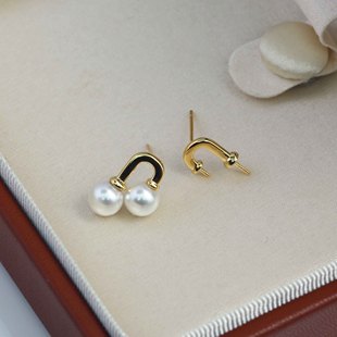 DIY珍珠配件新款S925纯银不规则U字母双珠耳钉耳饰空托时尚耳饰