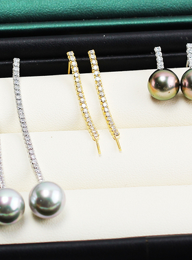 S925纯银diy手工耳钉微镶锆石流苏耳线珍珠空托配件银耳坠长耳线