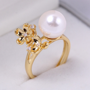 DIY珍珠配件空托 铜镀18K金花朵简约珍珠玉石戒指空托 气质个性女