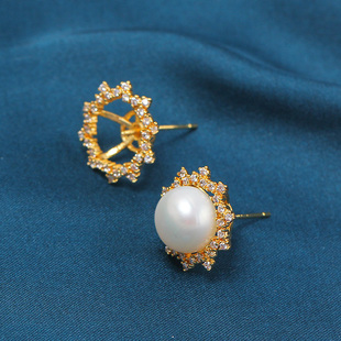 DIY珍珠饰品配件 铜镀金18K金 锆石太阳花形S925银针耳钉空托女