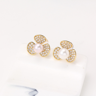 珍珠耳钉空托配件国产14k包金DIY手S925银针三瓣花锆石耳环气质3