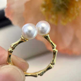 DIY珍珠配件新款S925纯银竹节戒指空托双珍珠开口节节高升ins