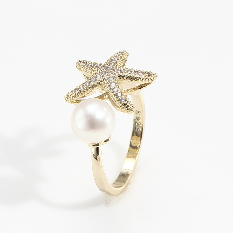 微镶锆石海星珍珠戒指空托14K
