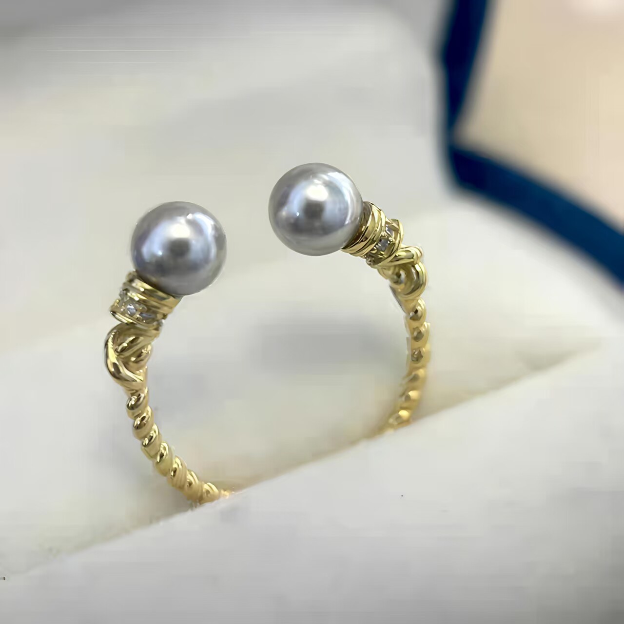 DIY珍珠配件新款铜镀金麻花结双头珍珠戒指空托精美复古