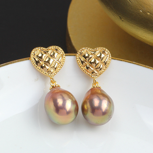S925银针 菱形花纹爱心款珍珠耳饰14K包金耳钉空托 DIY配饰配件女