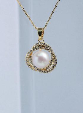 DIY新款铜镀金镶锆满钻珍珠项链