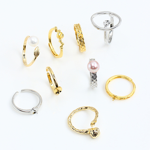 珍珠戒指空托国产14K包金开口戒简约时尚戒托锆石气质手工DIY配件