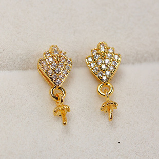 铜镀18K金 菱形锆石珍珠耳钉空托 S925银针耳饰DIY配件 简约小巧