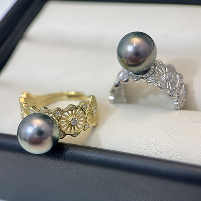 S925纯银复古镂空镶锆石珍珠戒指