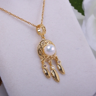 DIY珍珠饰品配件  铜镀18K金捕梦网流苏珍珠吊坠玉石空托配饰  女