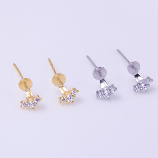 S925纯银 简约睫毛镶嵌锆石珍珠耳钉耳饰DIY配件 气质饰品空托女