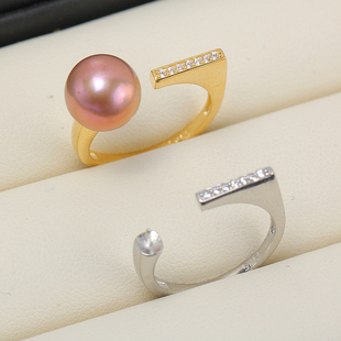 S925纯银 镶嵌锆石单排开口戒可调节DIY配饰配件 气质饰品空托女