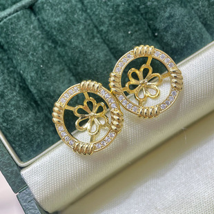 DIY珍珠配件 注金复古新款耳饰S925银针配件空托微镶锆石高级大气