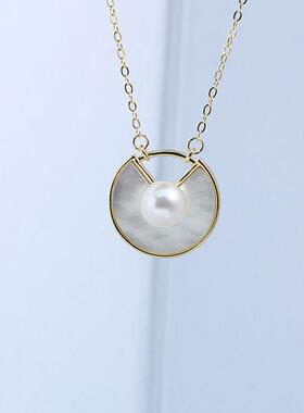 DIY珍珠配件新款S925纯银白贝母圆盘气质吊坠空托时尚百搭