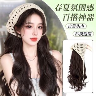 假发全头套女帽子头发一体田园风三角头巾假发长卷发发箍假发头套