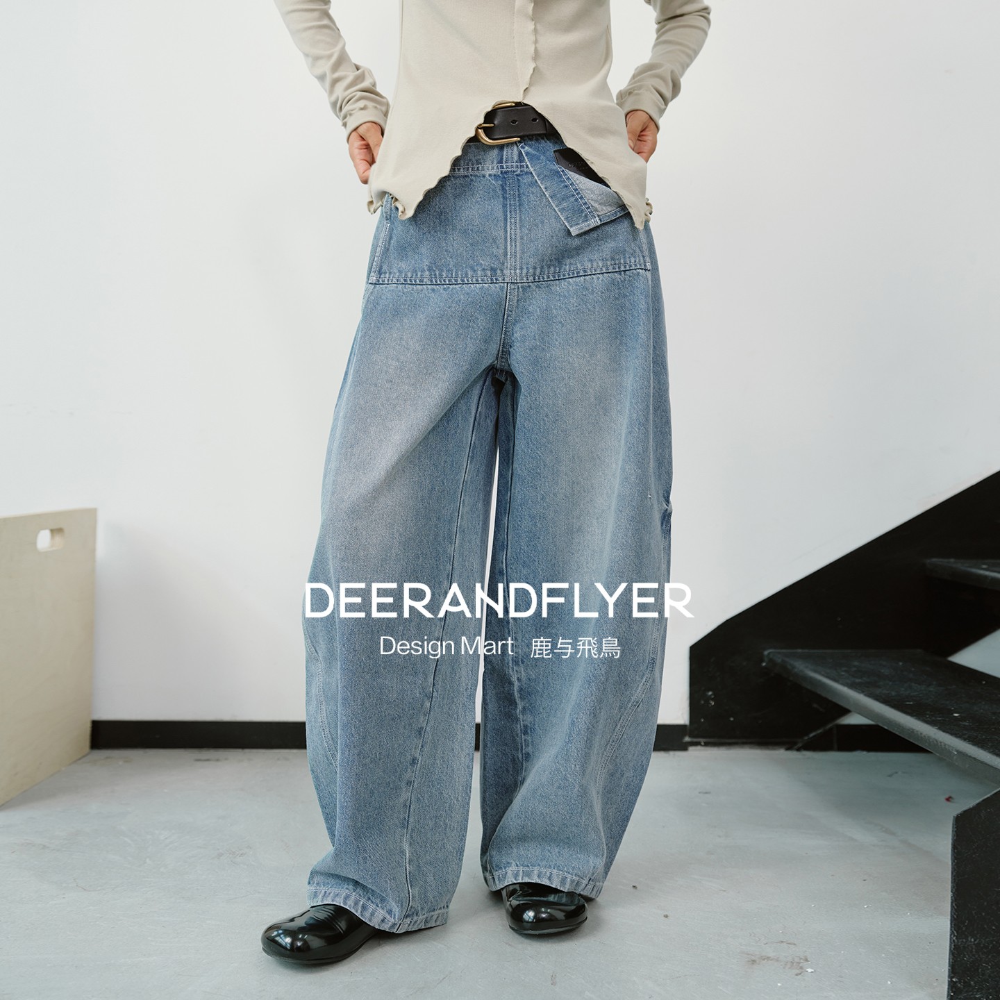 高棉口袋造型高街两色牛仔弯刀裤