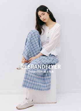 鹿与飞鸟“夏日未眠”日系休闲风格纹双色大Ａ摆宽松阔腿裙裤6706