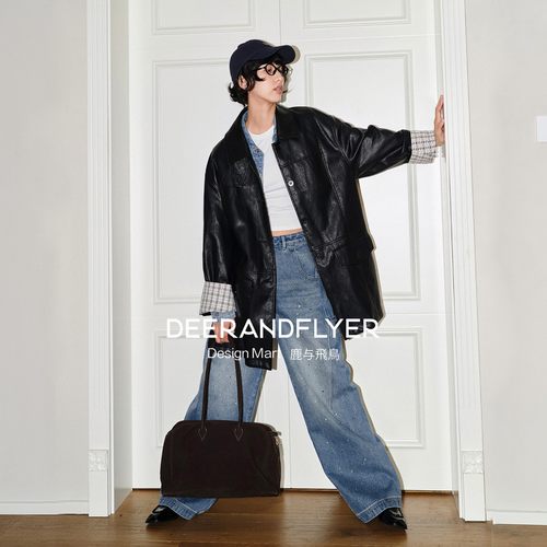 暗纹柔韧PU皮翻领两色皮衣外套