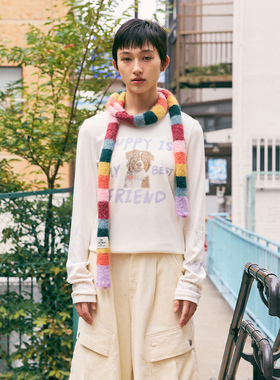 鹿与飞鸟[闲暇时间]“汪汪小狗爪子”磨毛感趣味涂鸦内搭T恤6269