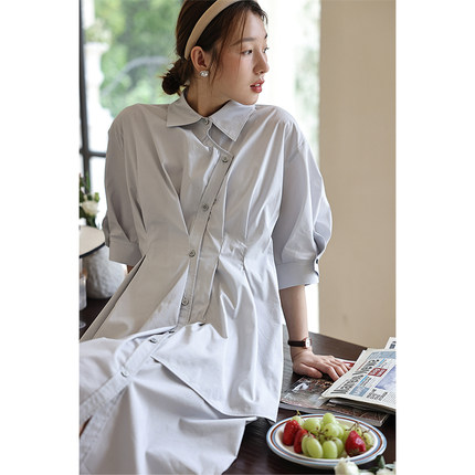 鹿与飞鸟不对称解构式五分袖气质连衣裙【街灯晚餐】4310