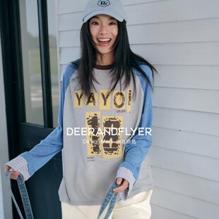 鹿与飞鸟「弥生之春」美式 雪花纹理少年感印花插肩T恤7400 复古风